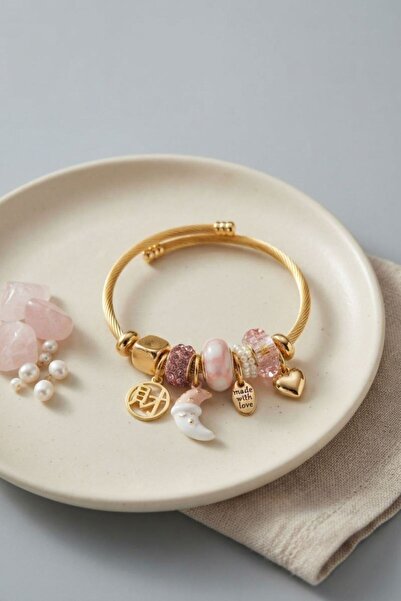 norsary Women's Bracelet with Moon and Heart Pink Charms