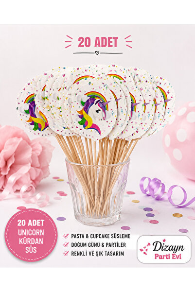 Dizayn Parti Evi Unicorn Temalı Kürdan Süs 20 Adet – Gökkuşağı Unicorn Desenl...