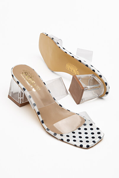 miram shoes Γυναικείες παντόφλες με τακούνι και διάφανα λουράκια με λευκό σχέδιο