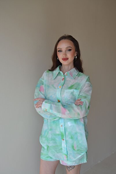 2TRENDY Women's Watermark Print Long Sleeve Blouse Light Green Multi Color