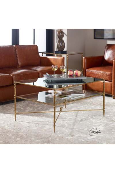 UTTERMOST Henzler 95 W x 49 H x 71 D Gold Rectangle Coffee Table with Mirror Top
