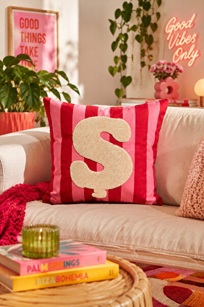 Pilloveland Punch Embroidered Throw Pillow Cover - 43*43 cm - Pink Letter S -...
