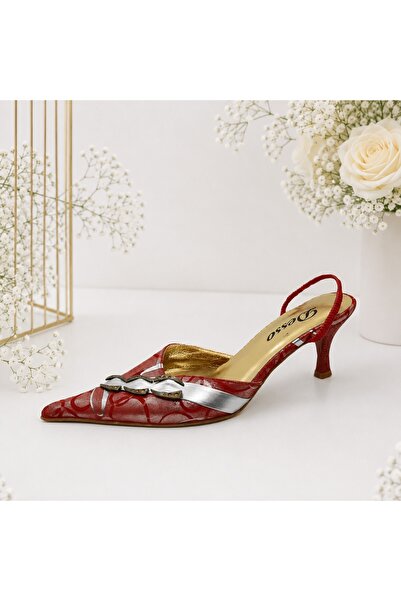 OEM Sanda fashion cu varf ascutit si toc mic, culoare rosie cu argintiu