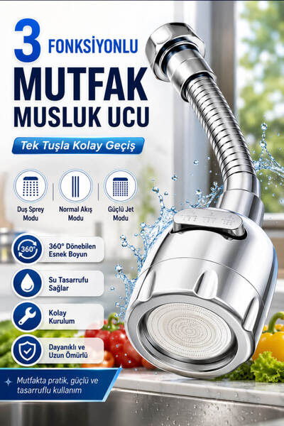 Anadolu Saray 3 Fonksiyonlu Gümüş Mutfak Musluk Ucu 360° Döner Esnek Hortumlu...