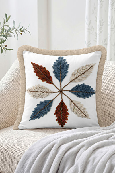 Realhomes Embroidered Leaf Motif Fringed Throw Pillow Cover Bohemian Decorati...
