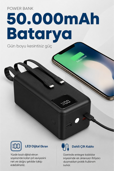 chimon 50.000 mAh Dijital Göstergeli Dahili Çoklu Kablolu Powerbank – Süper H...