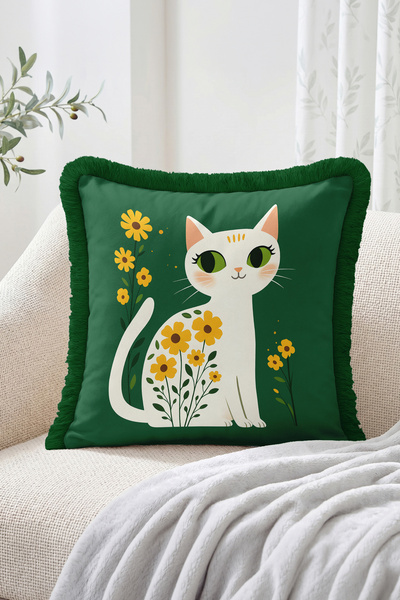 Realhomes Floral Cute Cat Figured Fringed Throw Pillow Cover - Modern Decorat...