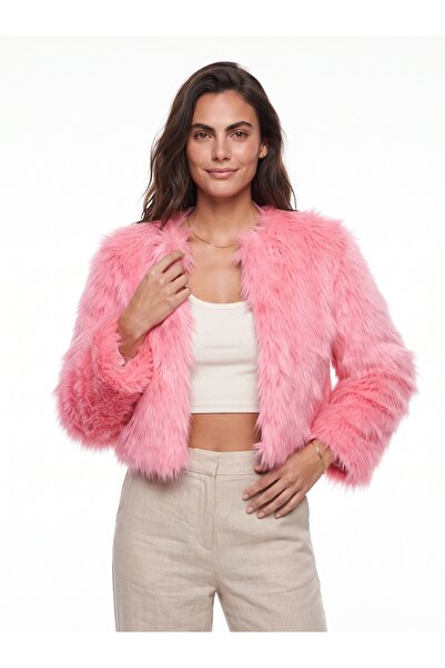 ONLOOX Şeker Pembe Suni Kürklü Polyester Kumaş Uzun Kollu Astarlı Detaylı Kıs...