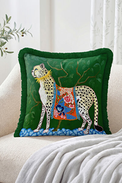 Realhomes Leopard Figured Fringed Throw Pillow Cover with Floral Kaftan - Boh...