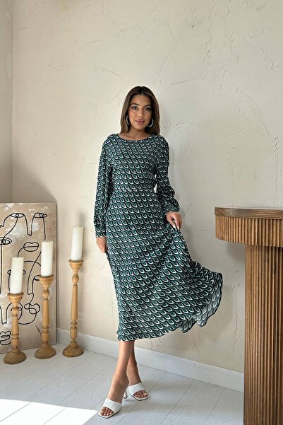 Moda Days Women's Green Midi Dress Round Neck Long Sleeve Patterned Gathered ...