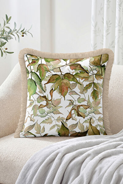 Realhomes Watercolor Leaf and Branch Pattern Fringed Throw Pillow Cover - Boh...