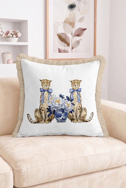 Realhomes Porcelain Vase with Bow and Leopard Figure and Fringed Cushion Cover with Floral Pattern - Vintage Decorative Ya