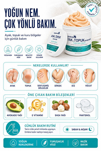 Organicsun Ayak ve Topuk Çatlak Bakım Kremi 100ml - Ayak Kokusu, Tırnak Bakımı Avokado ve Shea Yağlı