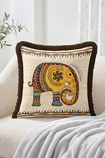 Realhomes Ethnic Patterned Elephant Figured Geometric Motif Fringed Throw Pil...