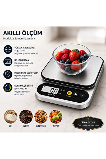 XİRA Dijital Mutfak Terazisi Hassas Elektronik Tartı 10Kg / 1Gr LCD Ekranlı Paslanmaz Çelik Yüzeyli