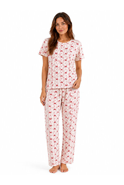 Kadın Kısa Kollu Bisiklet Yaka Kurdele Desenli Yazlık Pijama Takımı
