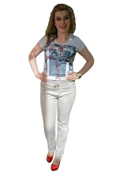 OEM Pantalon bej cu dungi verticale in tesatura, model lung de vara