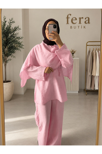 fera butik Women's Linen Textured Tie-Up Cape Detailed Two-Piece Set