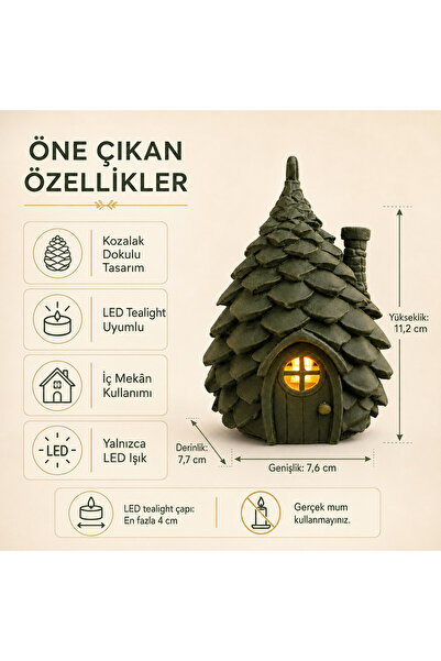 Kozalak Ev Dekoratif LED Mumluk – Minyatür Işıklı Ev Masaüstü ve Raf Dekoru 11 cm
