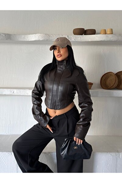 DENİKK TREND STREET WEAR Jachetă scurtă din piele ecologică, cambrată, cu det...