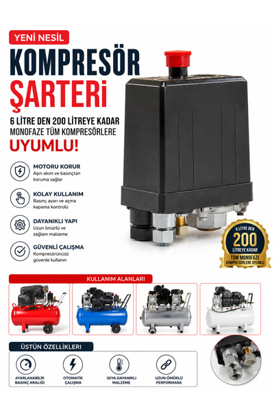 WORKMASTER Yeni Nesil Kompresör Şalteri 6-200 Litre Monofaze Tüm Kompresörler...