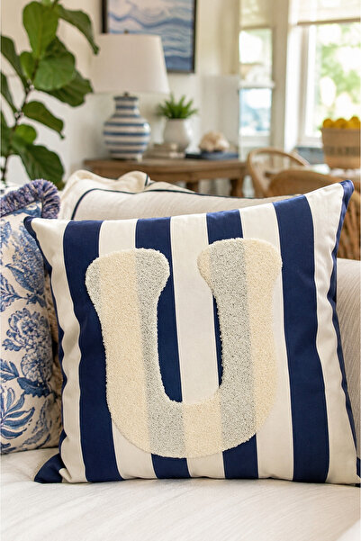 Pilloveland Punch Embroidered Throw Pillow Cover - 43*43 cm - Navy Blue Lette...