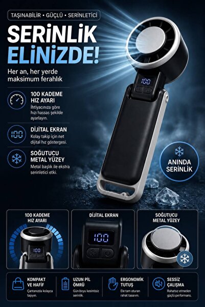 MOLEKUL Taşınabilir Turbo Buz Soğutmalı El Fanı 100 Kademe Ayarlı 4000 mAh So...