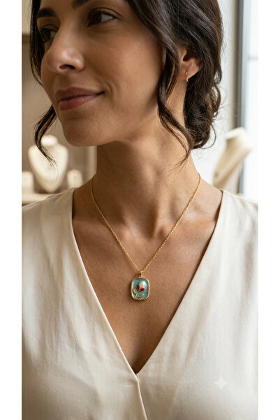 Bymiel Women's Gold Color Turquoise Enamel Pearl Rose Motif Square Plate Neck...