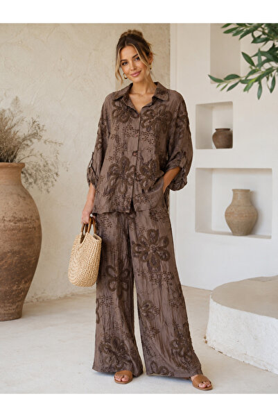 günay boutıque İthal Dokulu Çiçek İşlemeli Oversize Gömlek Pantolon Takım – V...