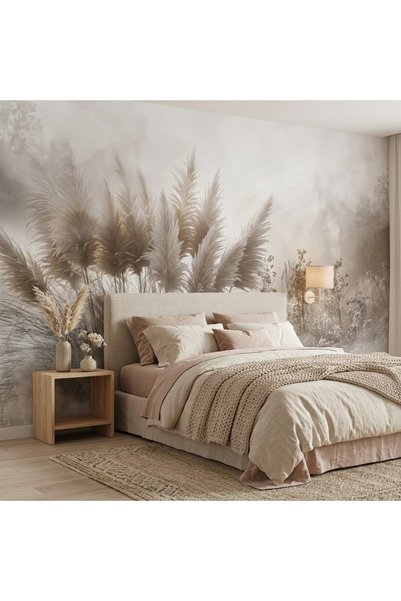 DecorDrive Açık Gri Zemin Üzerinde Soluk Pampas Otları Duvar Kağıdı