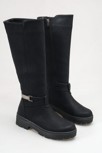 SENASTİL S170 Women's Black Buckle Detailed Inner Zipper Below the Knee Boots...