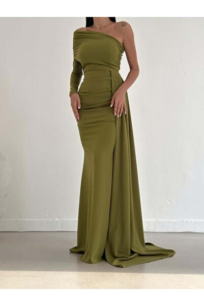 Modafeminen Single Sleeve Strapless Neckline Evening Dress 582241 Pistachio G...