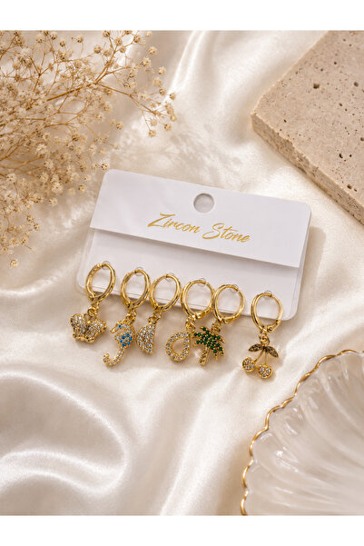 Lilith Takı Gold Color Figured Hoop Earring Set |   Women's Earrings with But...