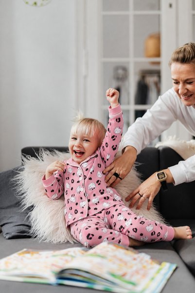 modaminikler Leopard Print Girls' Pajama Set - Pink and White Detailed Plain Leg Knitted Cotton Home Wear