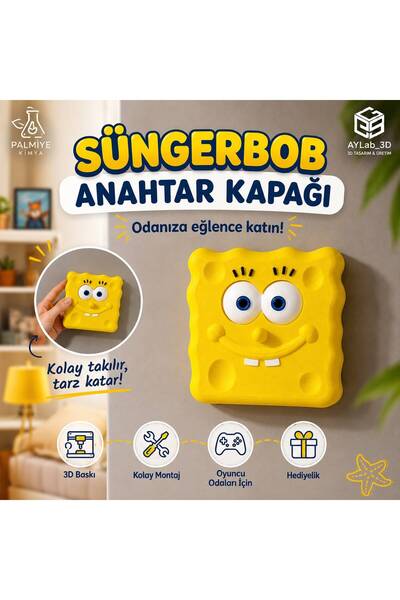 Sünger Bob Squidward Işık Anahtarı Kapağı || Gözleri Hareketli Işık Açma Kapama Aparatı | Baskı Dekoratif Lamba Kapağı