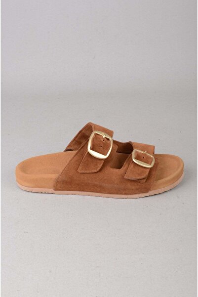 SEÇ KUNDURA Seç 4206 Double Buckle Genuine Leather Men's Slippers Tan Suede