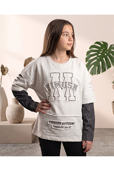 Çocuk Beyaz Oversize Katmanlı Görünümlü Sweatshirt