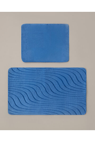 English Home Curveline Non-Slip Base Bath Mat Set 60X80 cm + 40X60 cm Blue