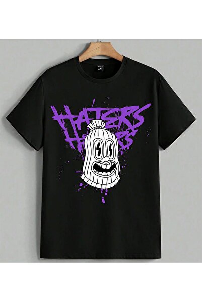 ELFERA Haters Graffiti Purple Style Head Printed Unisex Oversize T-Shirt Black