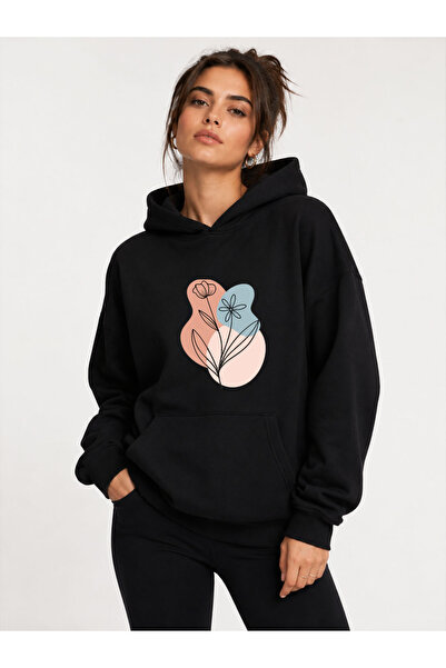 herkesemoda Floral Printed Hooded 2 Thread Threaded Sweatshirt