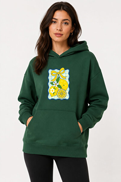 herkesemoda Lemon Printed Hooded 2 Thread Threaded Sweatshirt