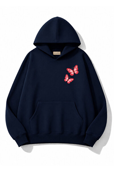 herkesemoda Butterfly Printed Hooded 2 Thread Threaded Sweatshirt