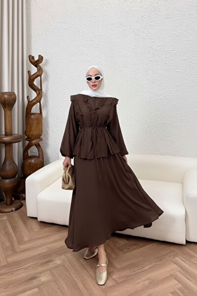 Gülşah collection طقم تنورة رفيعة من التينسل - بني