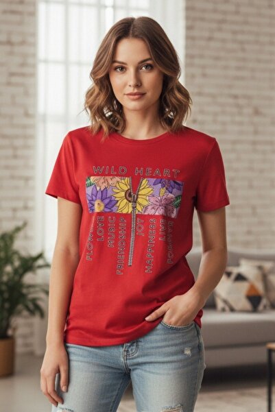 OEM Tricou casual de damă din bumbac cu imprimeu floral Wild Heart, TG-31