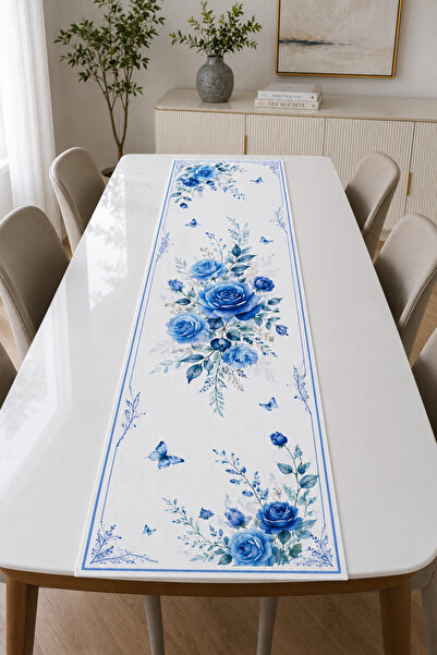 Bebişim Halı Blue Rose and Butterfly Patterned Romantic Runner Tablecloth 40X...