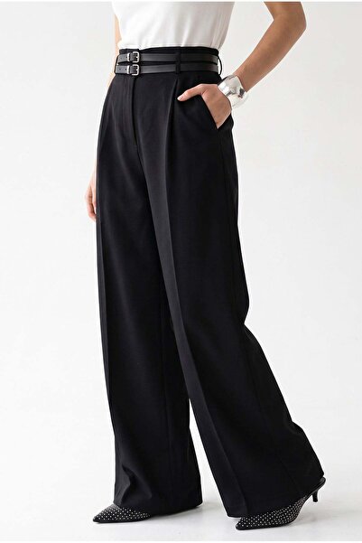 Mixray 2185 Women's Double Belt High Waist Wide Leg Palazzo Trousers Black
