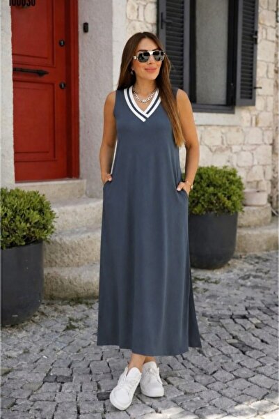 oniks store Women's Sleeveless V-Neck Collar Long Viscose Two-Thread Dress wi...