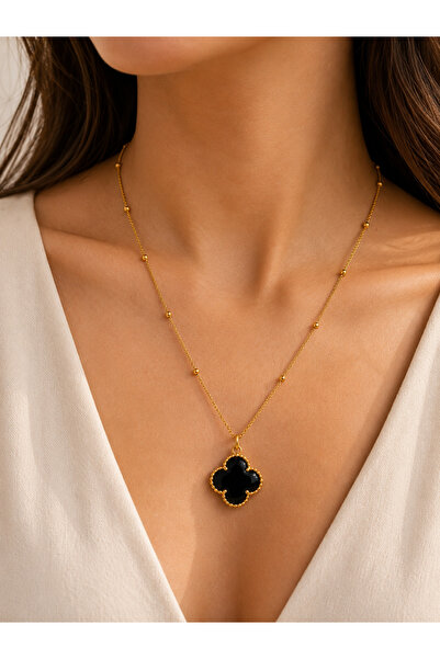 Bymiel Women's Gold Black Four-Leaf Clover 316L Stainless Steel Necklace – El...