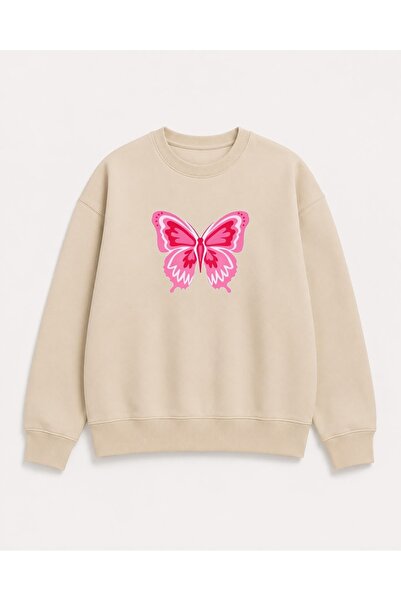herkesemoda Butterfly Print Detailed Embroidered 2 Thread Crew Neck Sweatshirt
