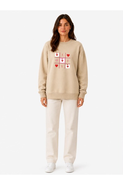 herkesemoda Sweatshirt sa podignutim detaljima i printom srca, dvonitni, okru...
